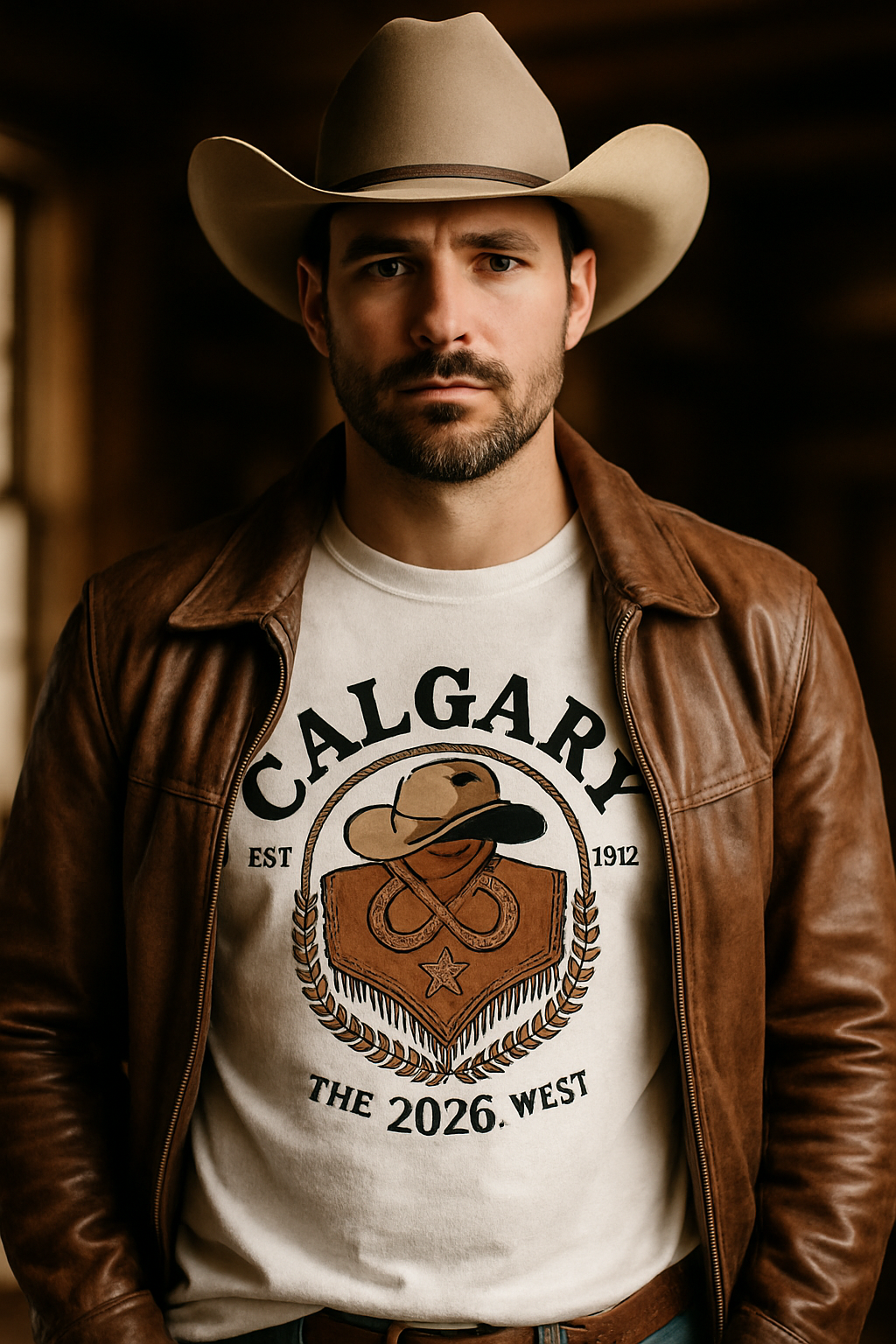 Calgary Heritage Crest 2026 premium western t-shirt — rugged male model in cowboy hat and open leather jacket wearing white tee with western crest