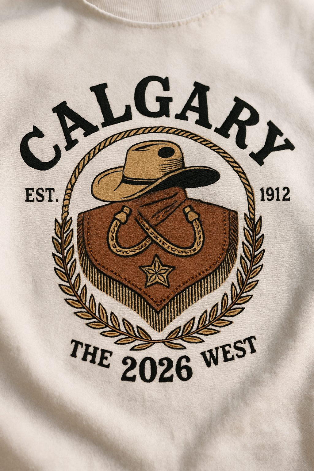 Calgary Heritage Crest 2026 print close-up — premium western crest with cowboy hat, crossed horseshoes, star and wheat on white cotton, CALGARY EST 1912 THE WEST