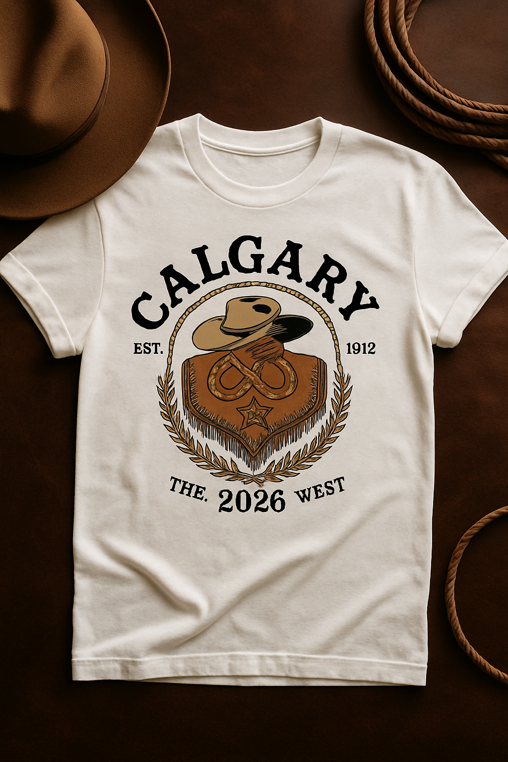 Calgary Heritage Crest 2026 white t-shirt flat-lay on brown leather with cowboy hat and rope — premium western design