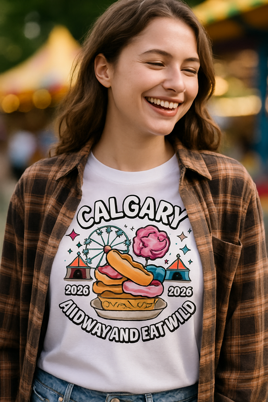 Calgary Midway Munchies 2026 fair food t-shirt — young woman in open plaid shirt over white tee at the fairground