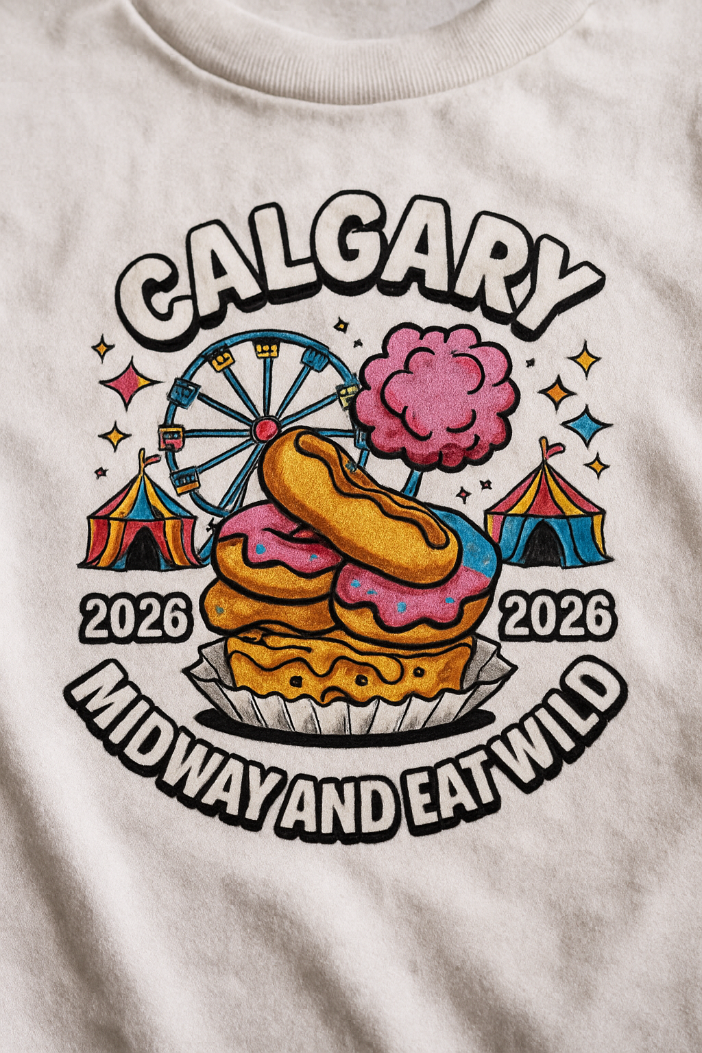 Calgary Midway Munchies 2026 comic graphic close-up on white cotton tee — fair foods, Ferris wheel, CALGARY 2026 MIDWAY AND EAT WILD