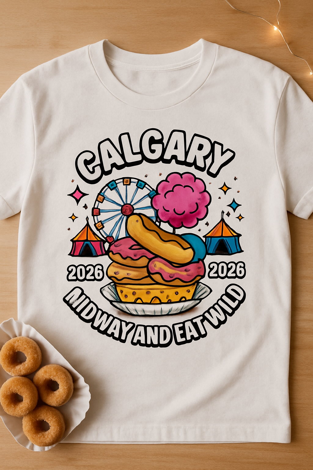 Calgary Midway Munchies 2026 white t-shirt flat-lay on wood with mini donuts and fairground lights