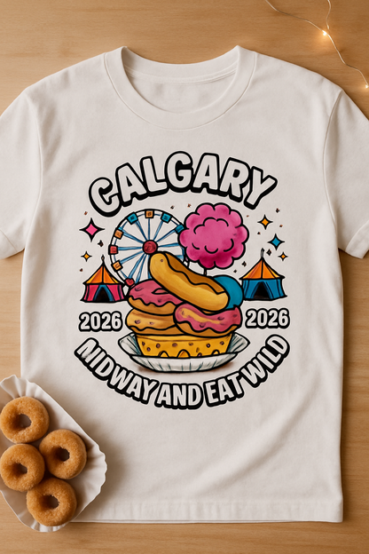 Calgary Midway Munchies 2026 white t-shirt flat-lay on wood with mini donuts and fairground lights