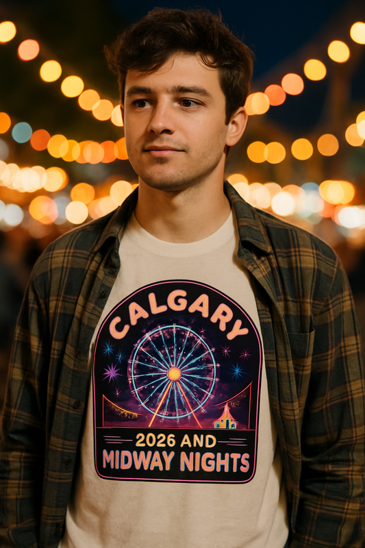 Calgary Nights 2026 Neon Midway t-shirt — young man in open plaid shirt over white tee with neon Ferris wheel print at a night fair