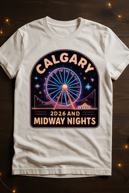 Calgary Nights 2026 Neon Midway white t-shirt flat-lay on dark wood with fairy lights