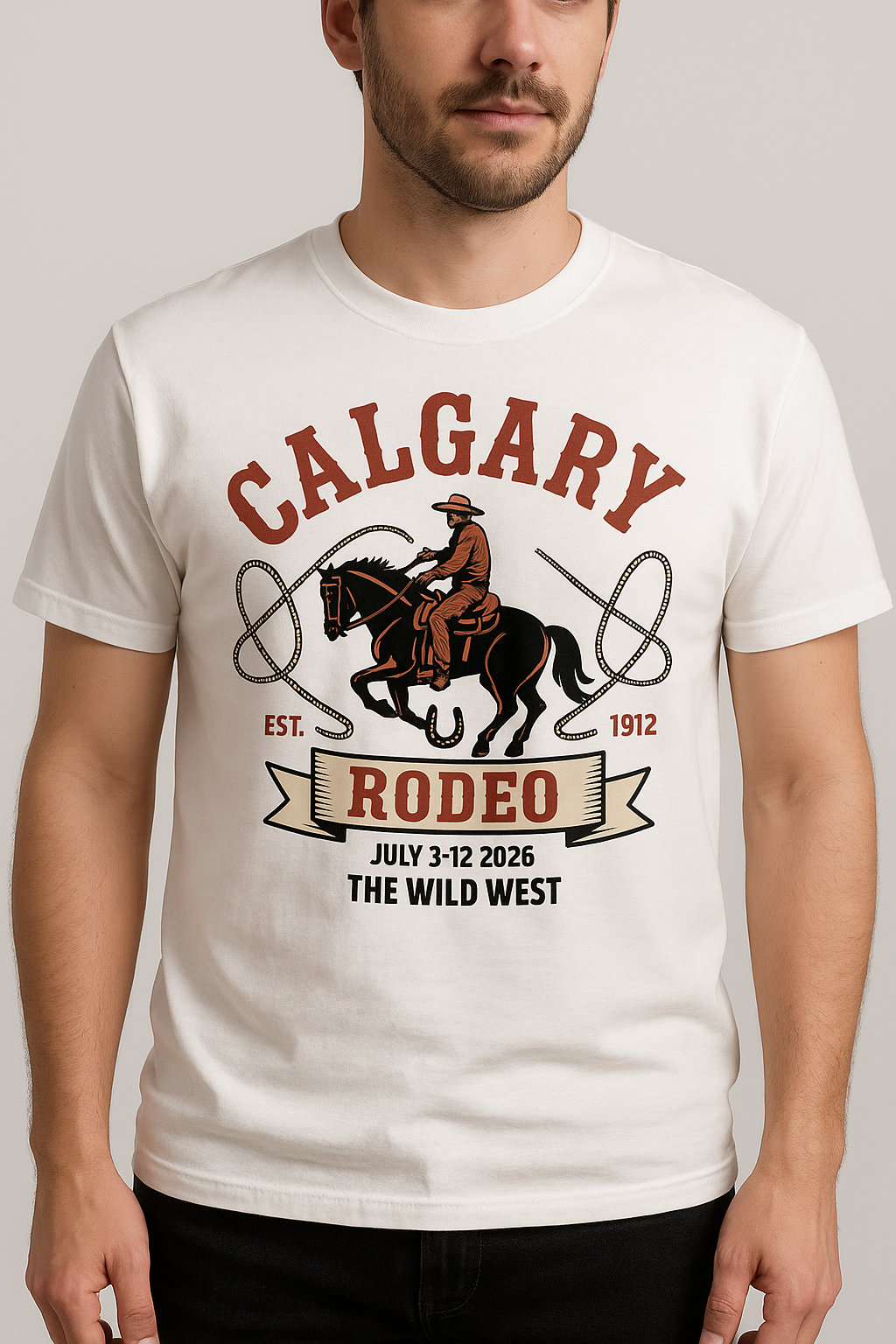 Calgary Rodeo 2026 vintage western badge t-shirt — model wearing white tee with bronco rider rodeo print