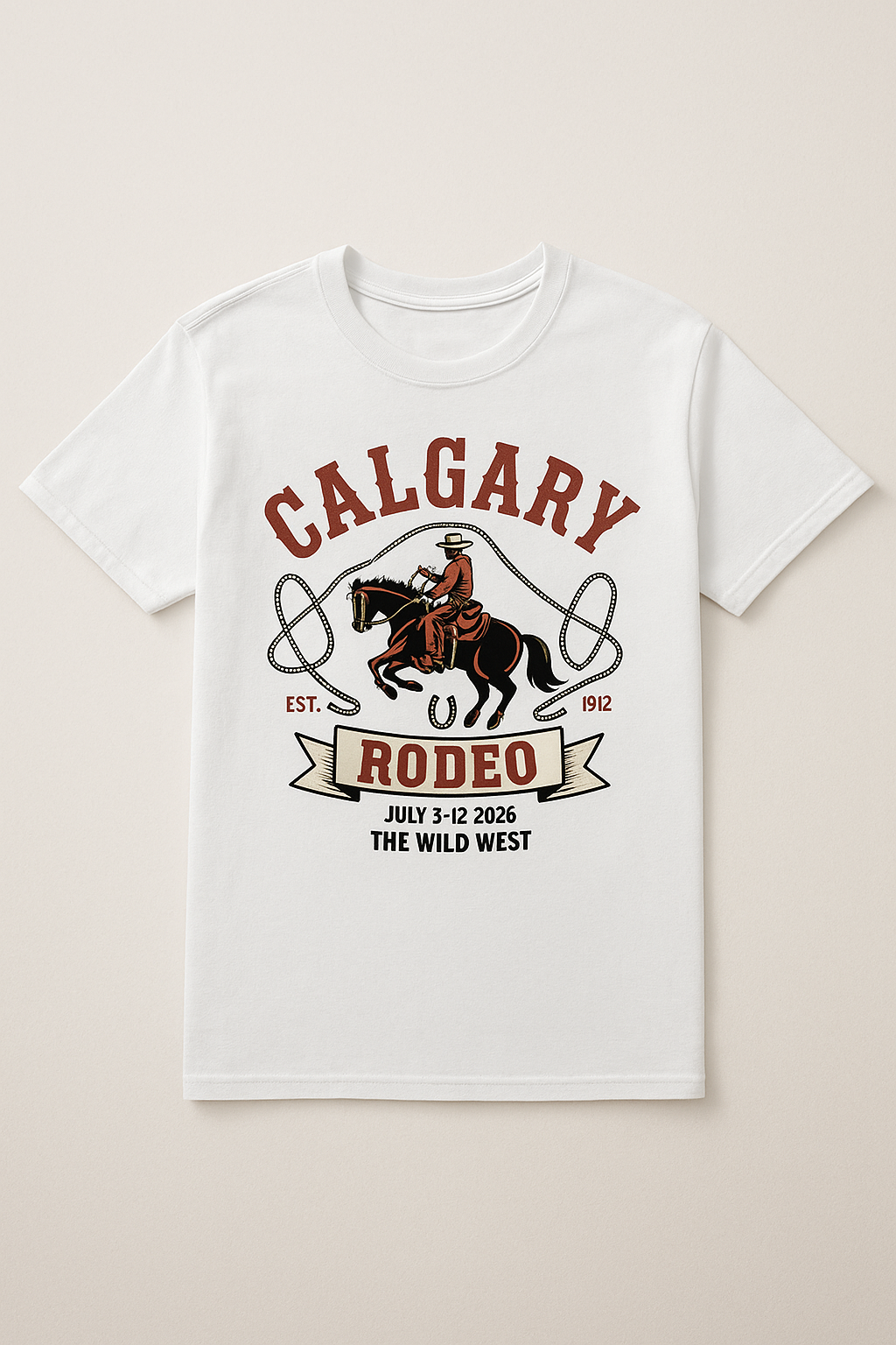 Calgary Rodeo 2026 white t-shirt flat lay — full vintage rodeo badge with CALGARY RODEO lettering