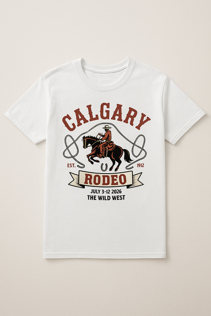 Calgary Rodeo 2026 white t-shirt flat lay — full vintage rodeo badge with CALGARY RODEO lettering