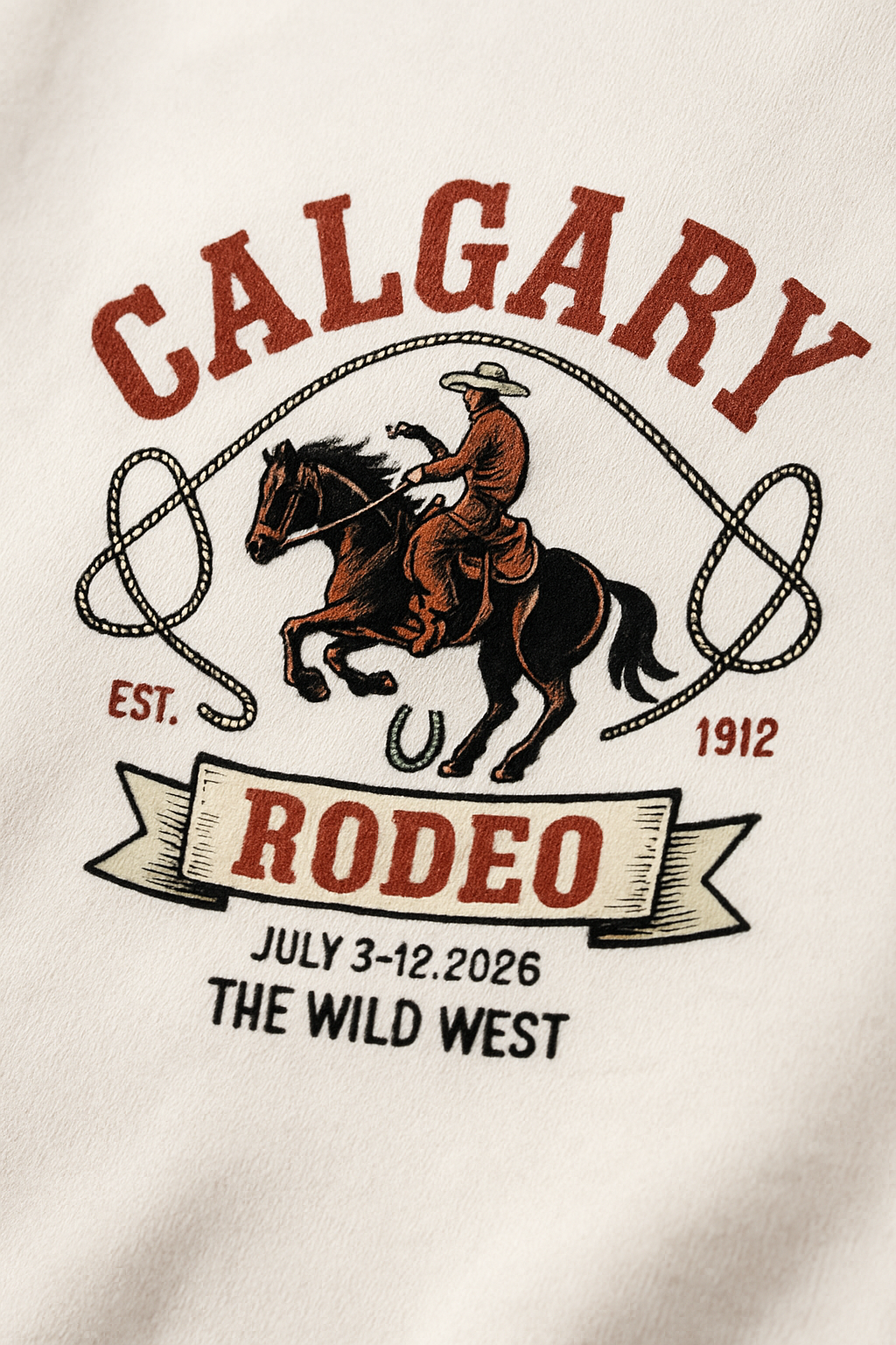 Calgary Rodeo 2026 print close-up — bucking bronco, lasso and banner on white cotton