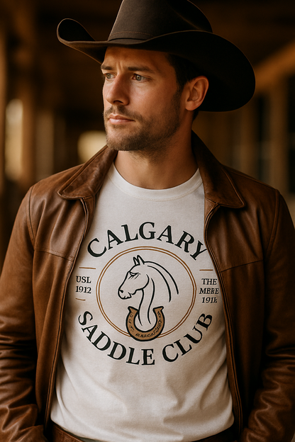 Calgary Saddle Club 2026 premium western t-shirt — refined man in cowboy hat and open leather jacket wearing white tee with horse head medallion print