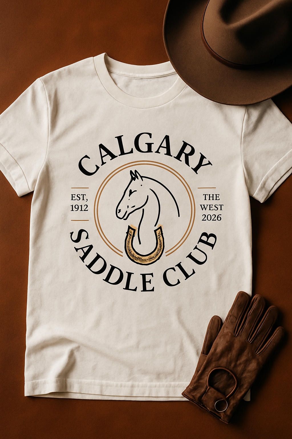 Calgary Saddle Club 2026 white t-shirt flat-lay on brown leather with cowboy hat and riding glove