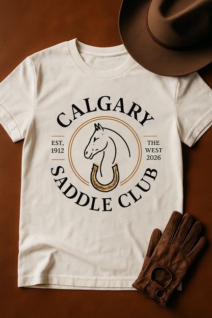 Calgary Saddle Club 2026 white t-shirt flat-lay on brown leather with cowboy hat and riding glove