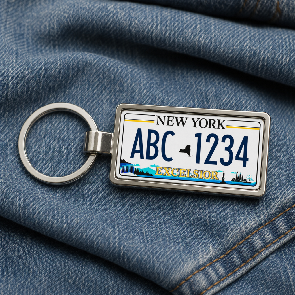 New York ABC 1234 license plate keychain on_denim