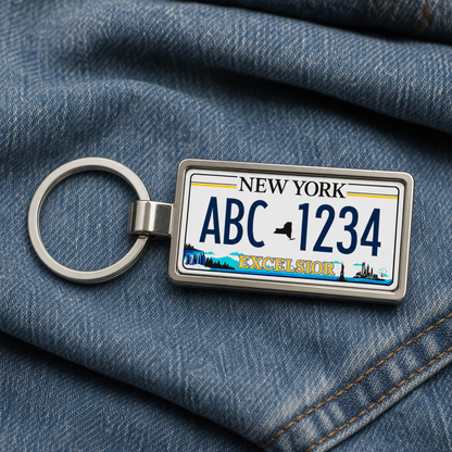 New York ABC 1234 license plate keychain on_denim