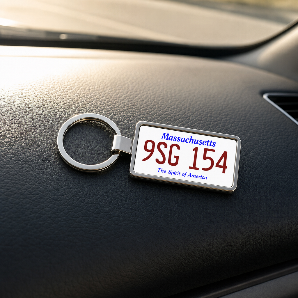 Massachusetts 9SG 154 license plate keychain on_dashboard