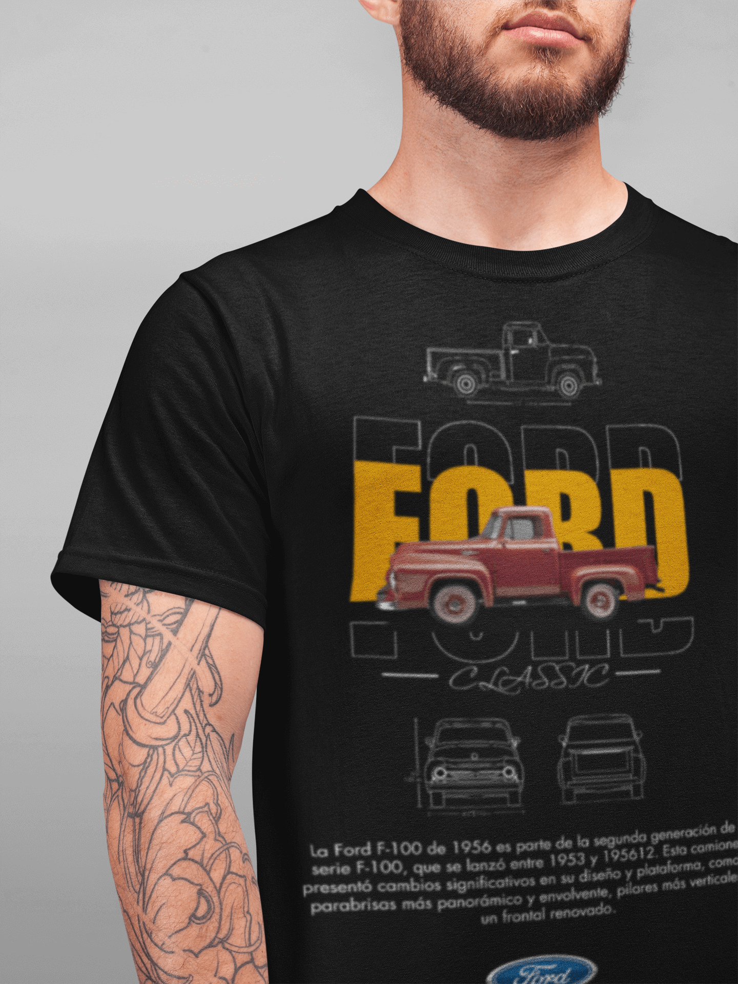 Ford F-100 (1956) Graphic T-Shirt — Photo & Line Sketch