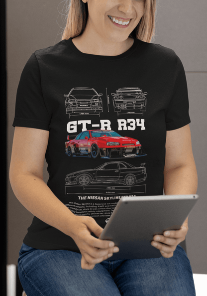 Nissan Skyline GT-R R34 Graphic T-Shirt — Blueprint & Race Car Poster