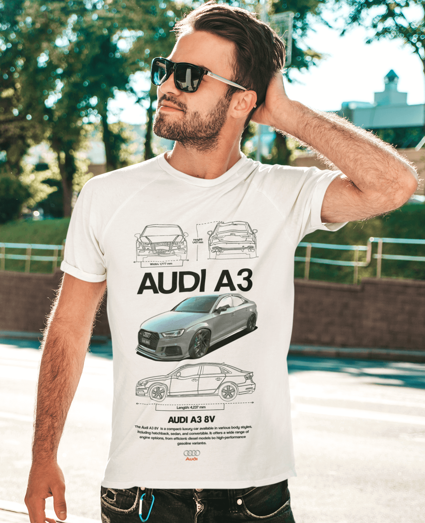 Audi A3 (8V) Graphic T-Shirt — Blueprint + Photo