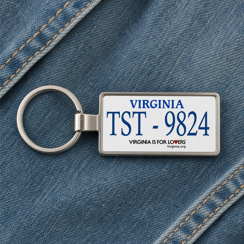 Virginia license plate keychain on denim