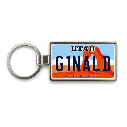 Utah G1NALD license plate keychain on white background