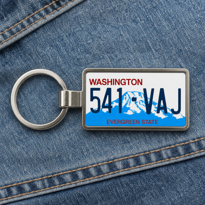 Washington license plate keychain on denim