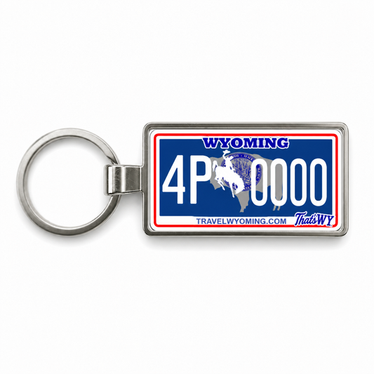 Wyoming license plate keychain on white background