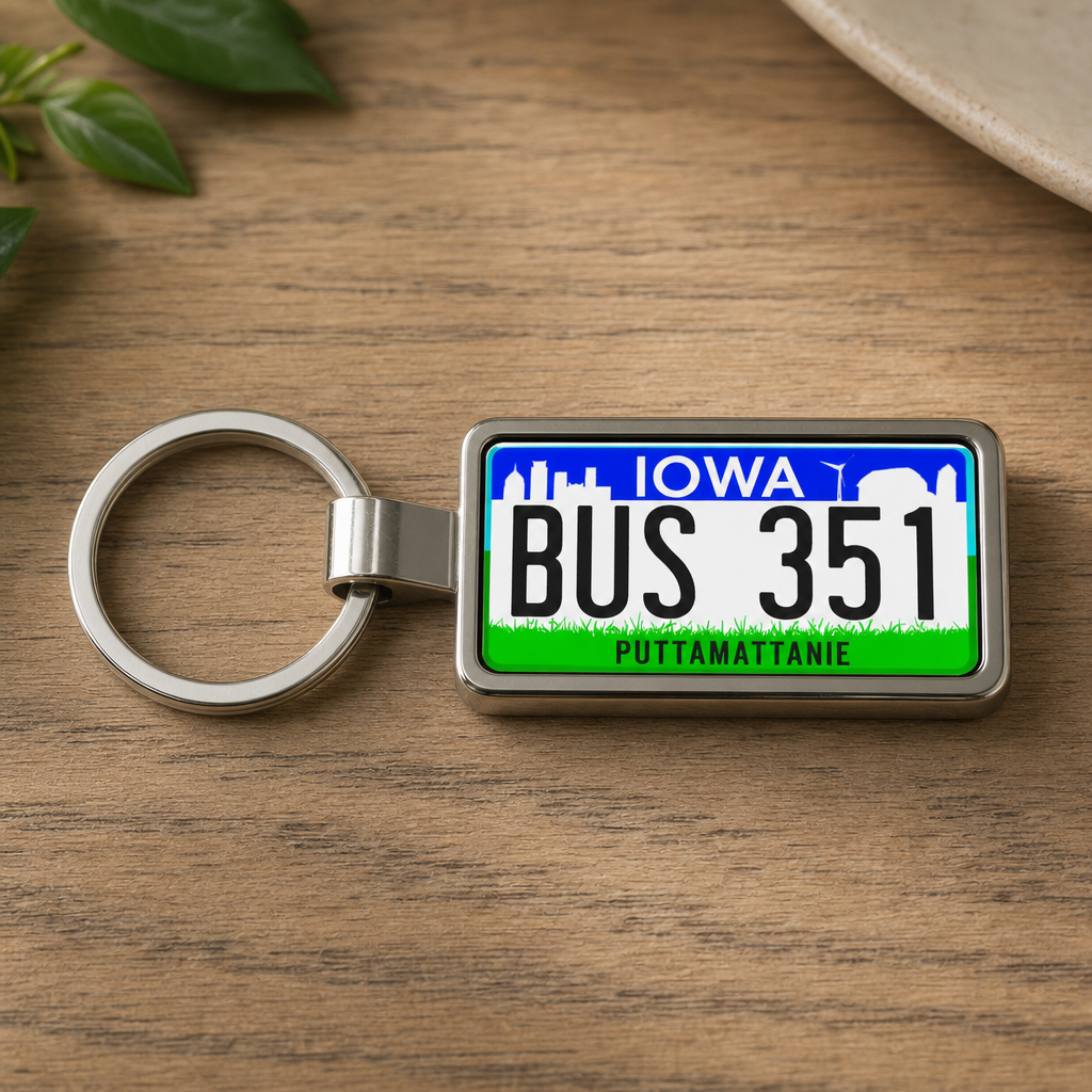 Iowa BUS 351 license plate keychain on_wood