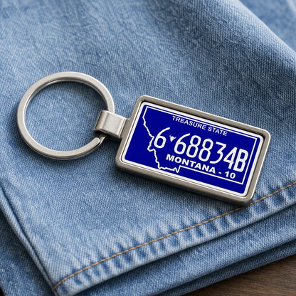 Montana 6 68834B license plate keychain on_denim