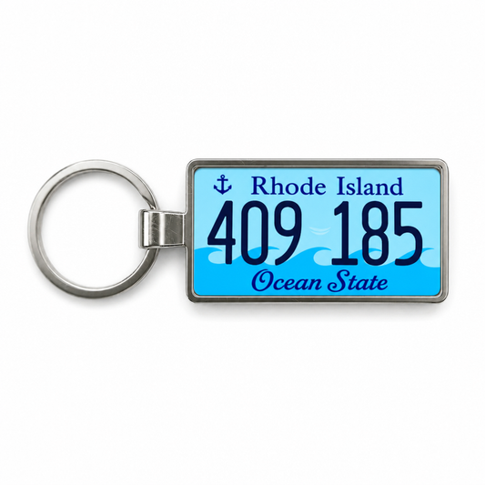 Rhode Island 409 185 license plate keychain white_bg
