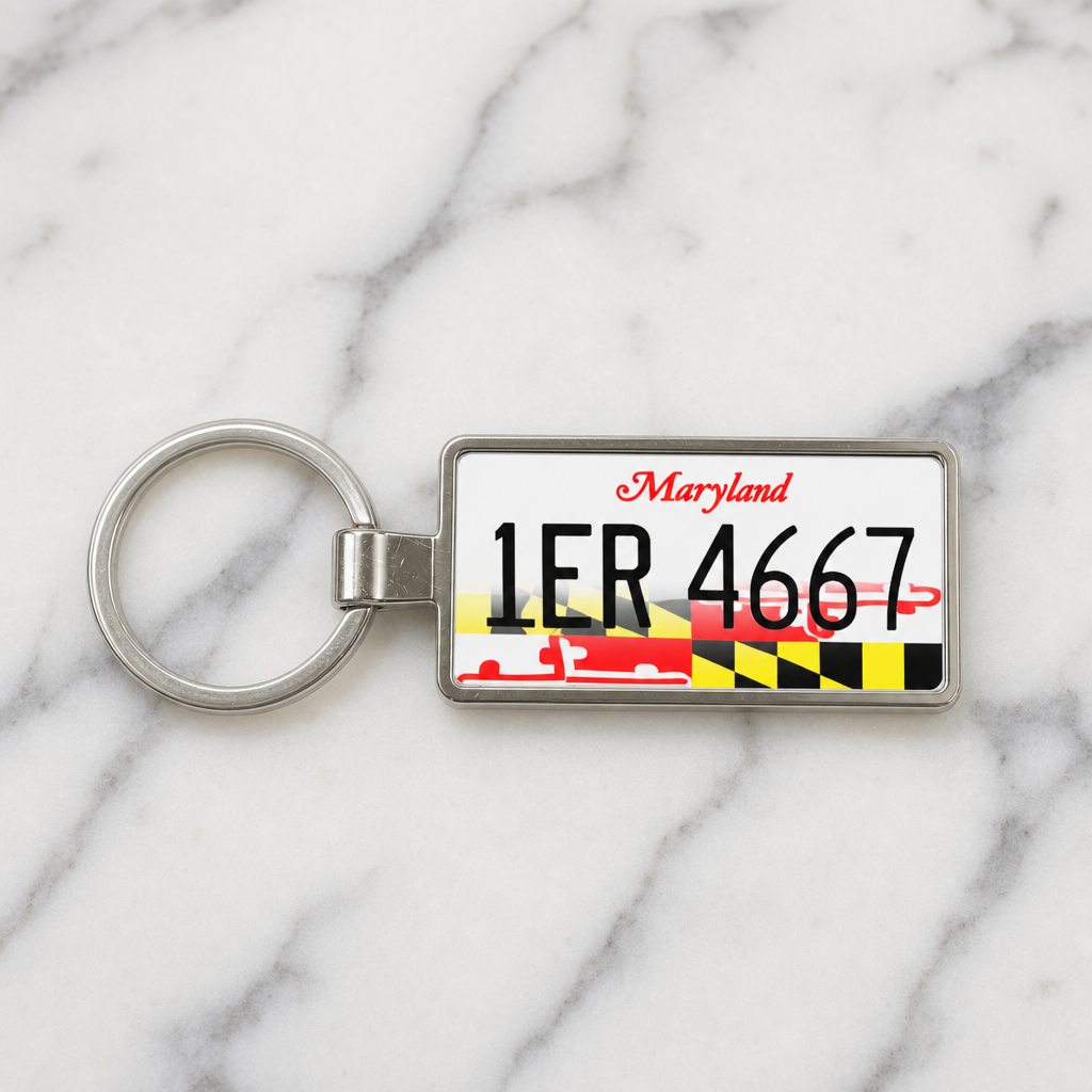 Maryland 1ER 4667 license plate keychain on_marble