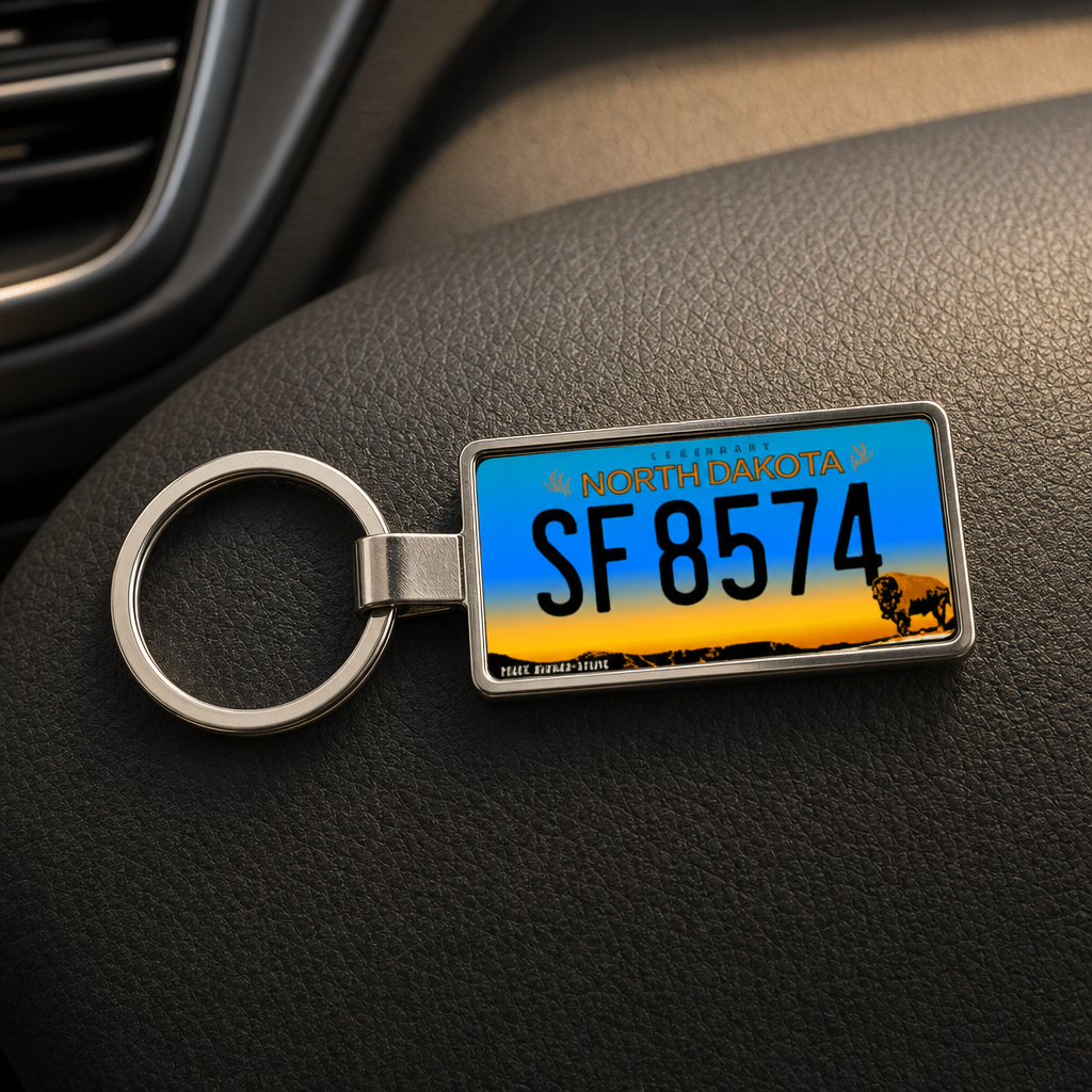 North Dakota SF 8574 license plate keychain on_dashboard