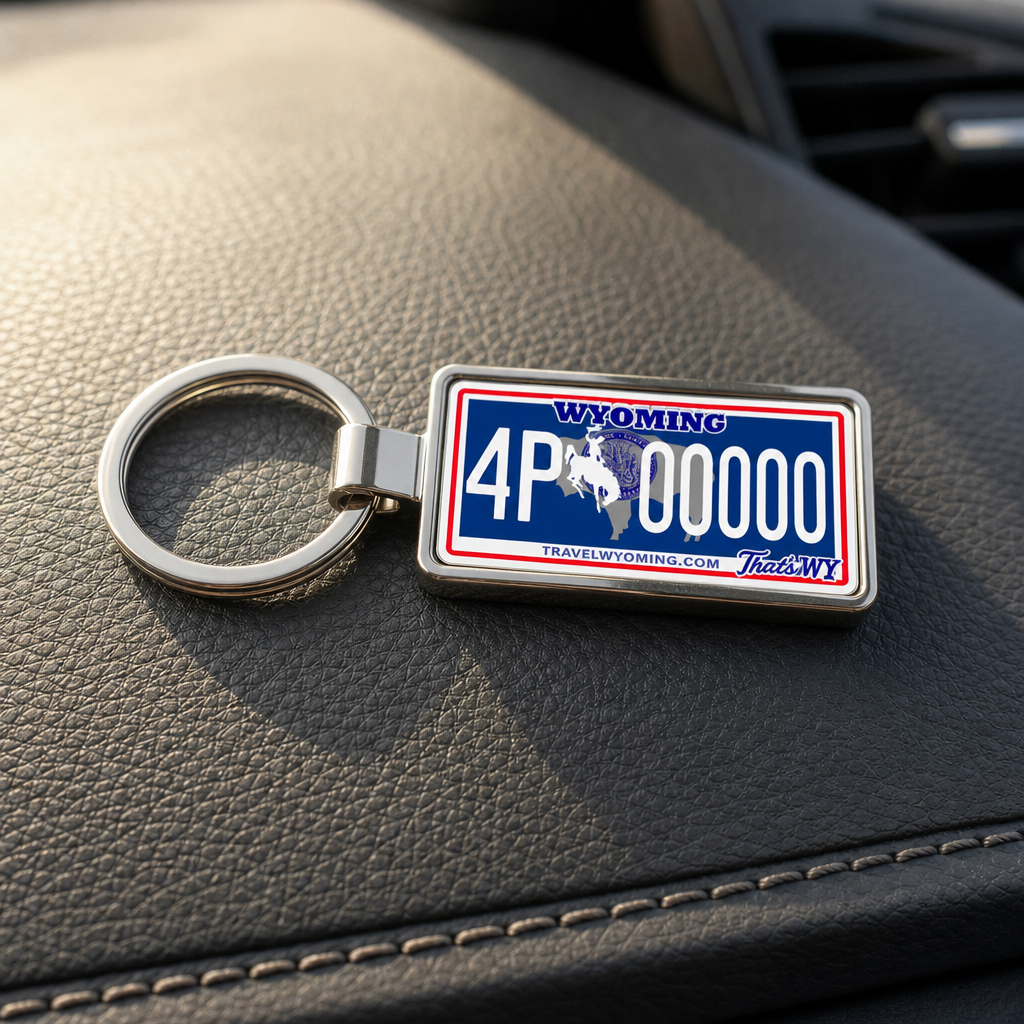 Wyoming license plate keychain on car dashboard