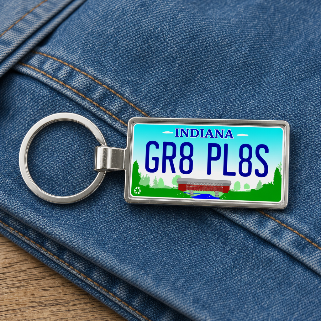 Indiana GR8 PL8S license plate keychain on_denim
