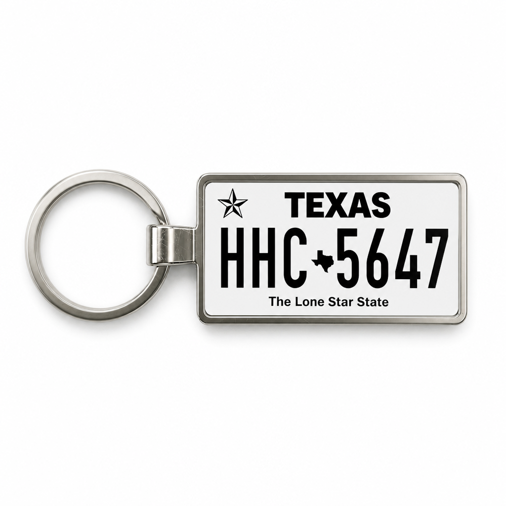 Texas HHC 5647 license plate keychain on white background
