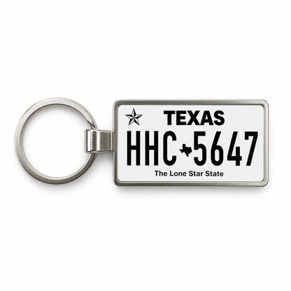 Texas HHC 5647 license plate keychain on white background