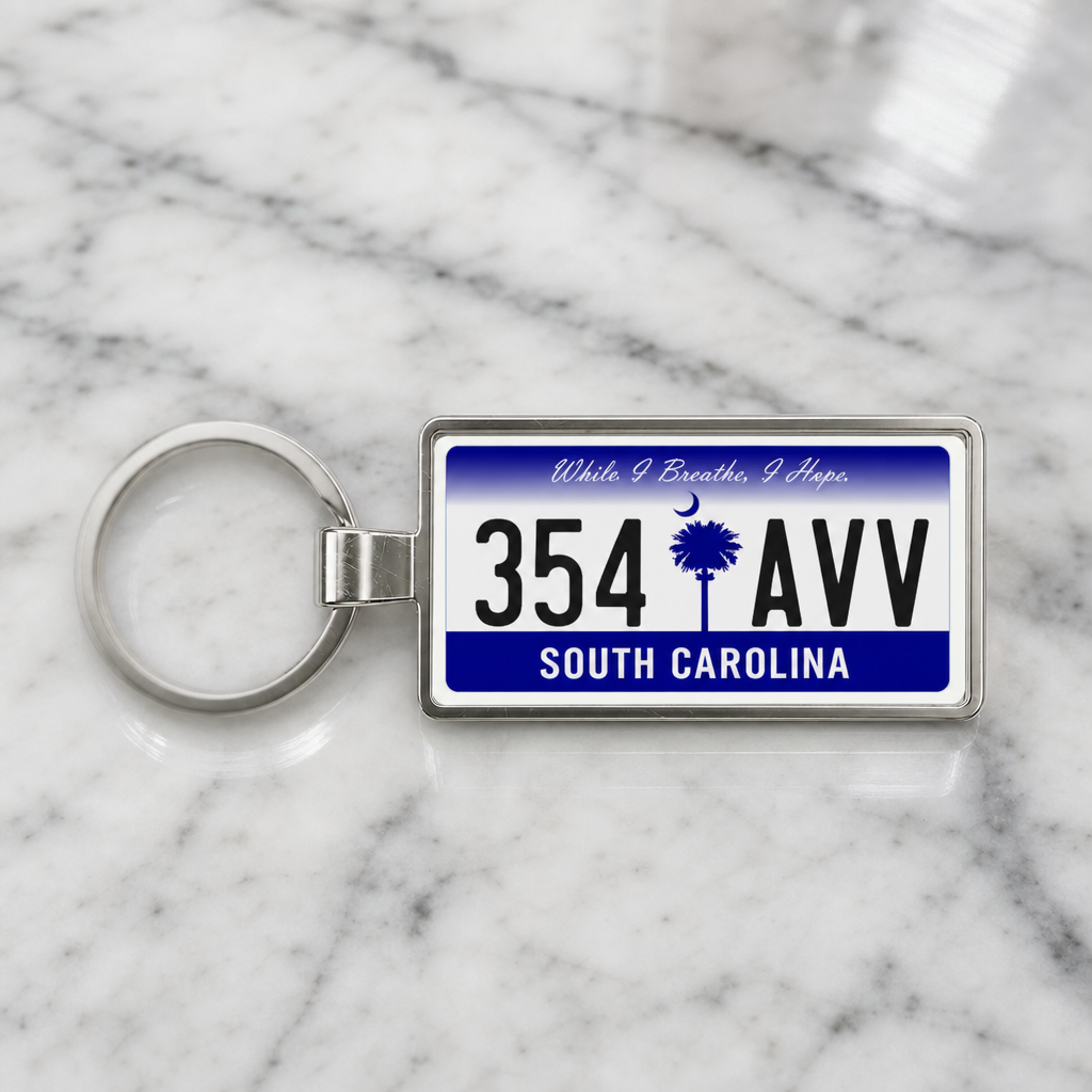 South Carolina 354 AVV license plate keychain on_marble