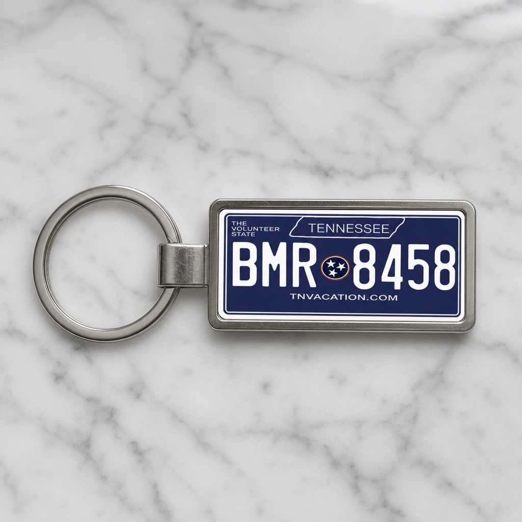 Tennessee license plate keychain on marble