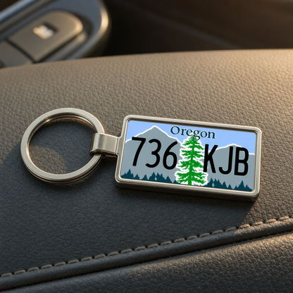 Oregon 736 KJB license plate keychain on_dashboard