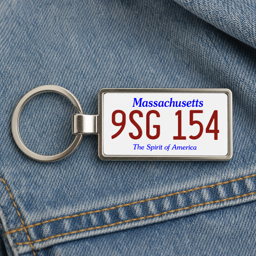 Massachusetts 9SG 154 license plate keychain on_denim