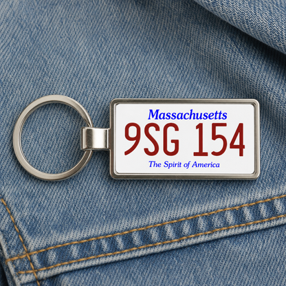 Massachusetts 9SG 154 license plate keychain on_denim