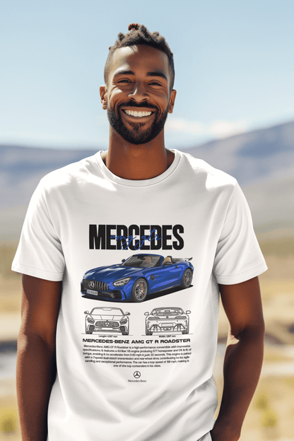 Mercedes-Benz AMG GT R Roadster Graphic T-Shirt — Photo & Line Sketch (Blue)