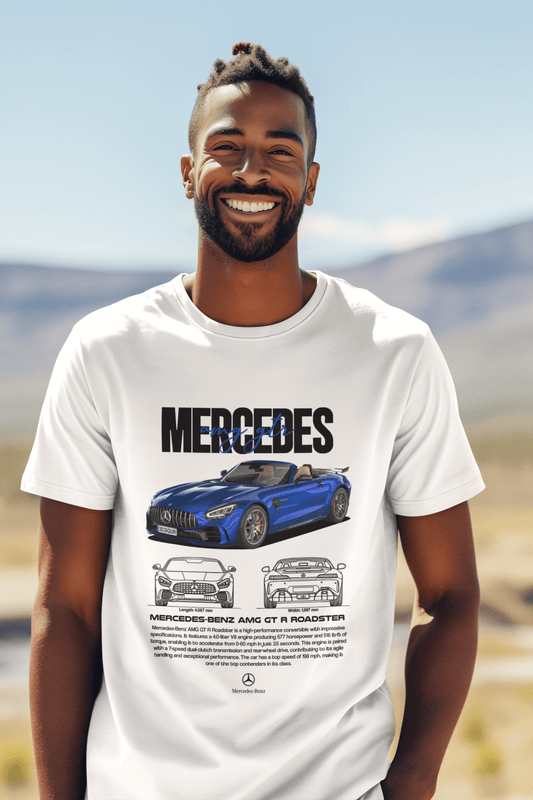 Mercedes-Benz AMG GT R Roadster Graphic T-Shirt — Photo & Line Sketch (Blue)