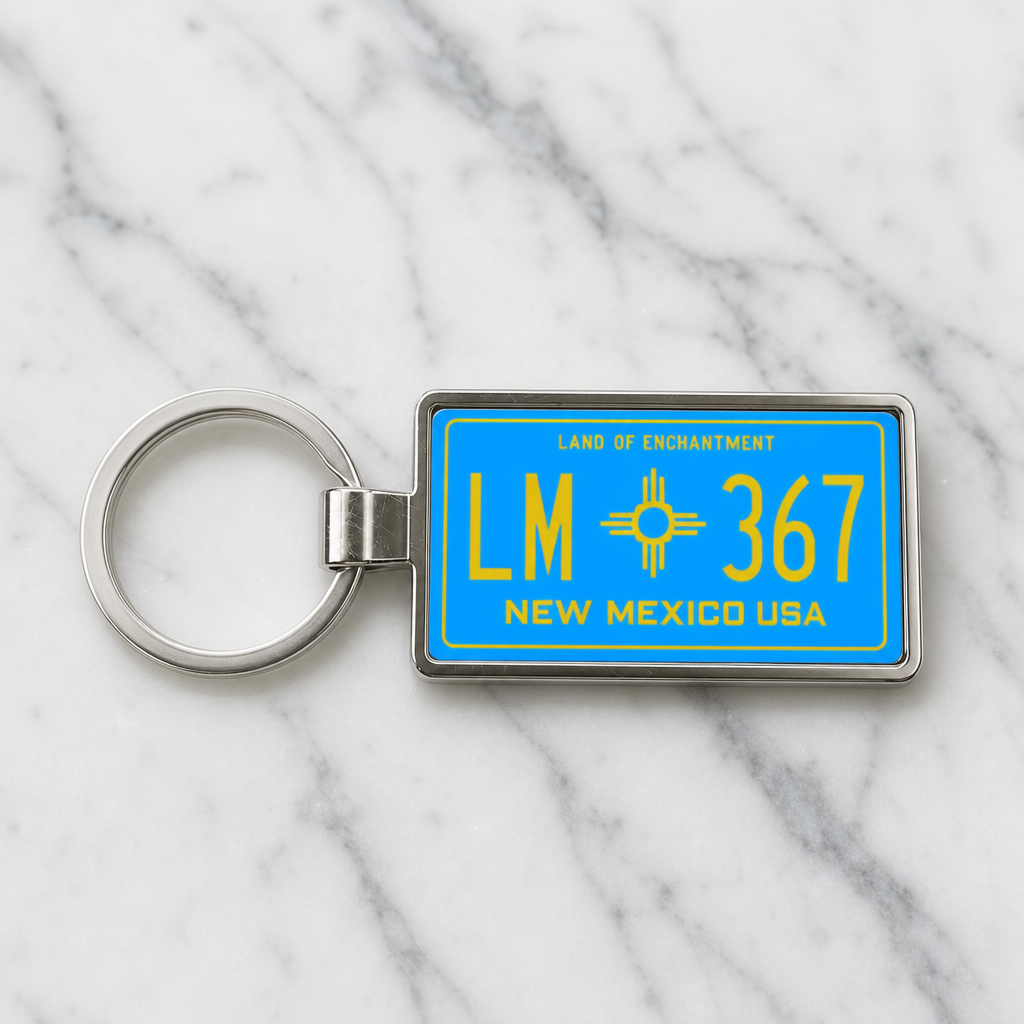 New Mexico LM 367 license plate keychain on_marble