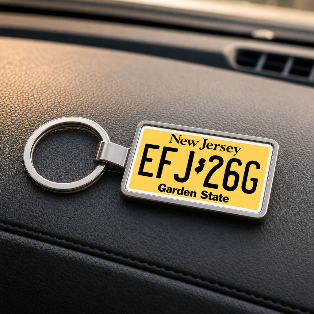 New Jersey EFJ 26G license plate keychain on_dashboard