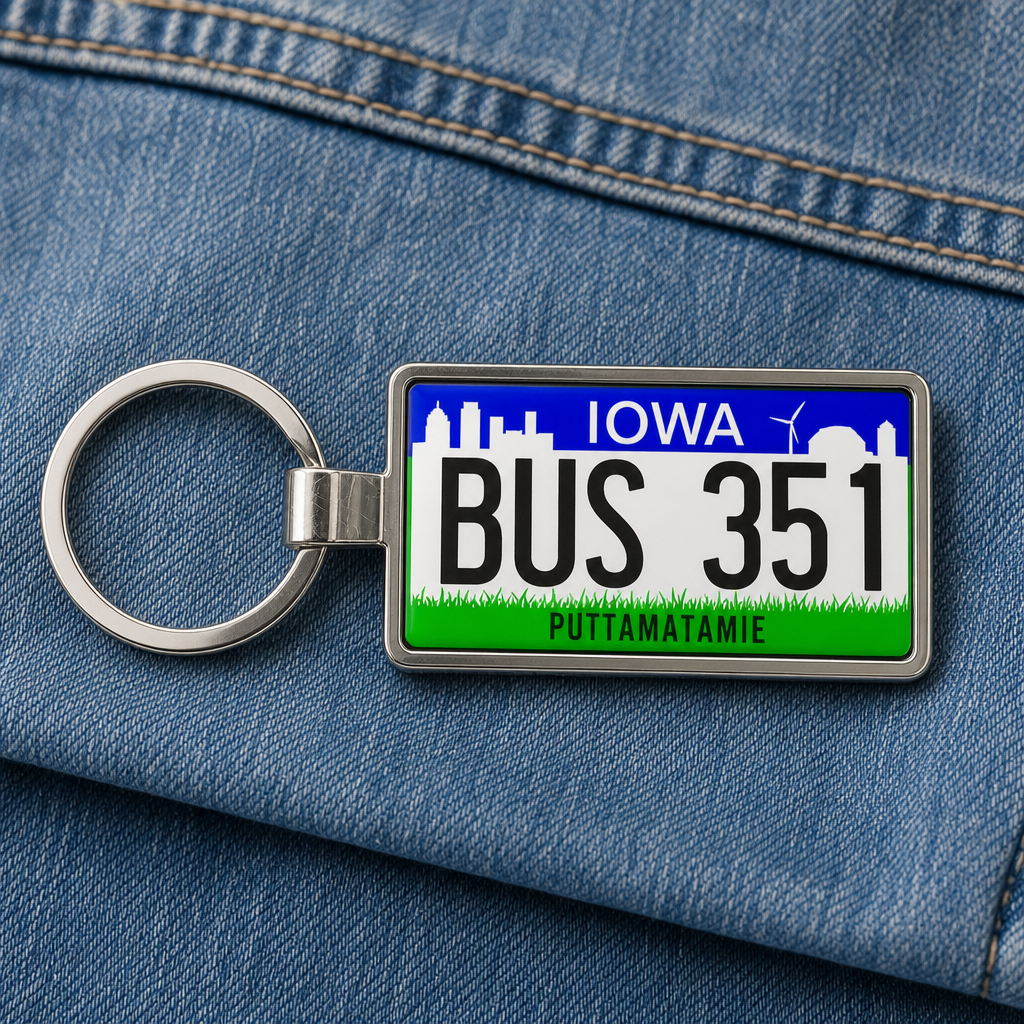 Iowa BUS 351 license plate keychain on_denim