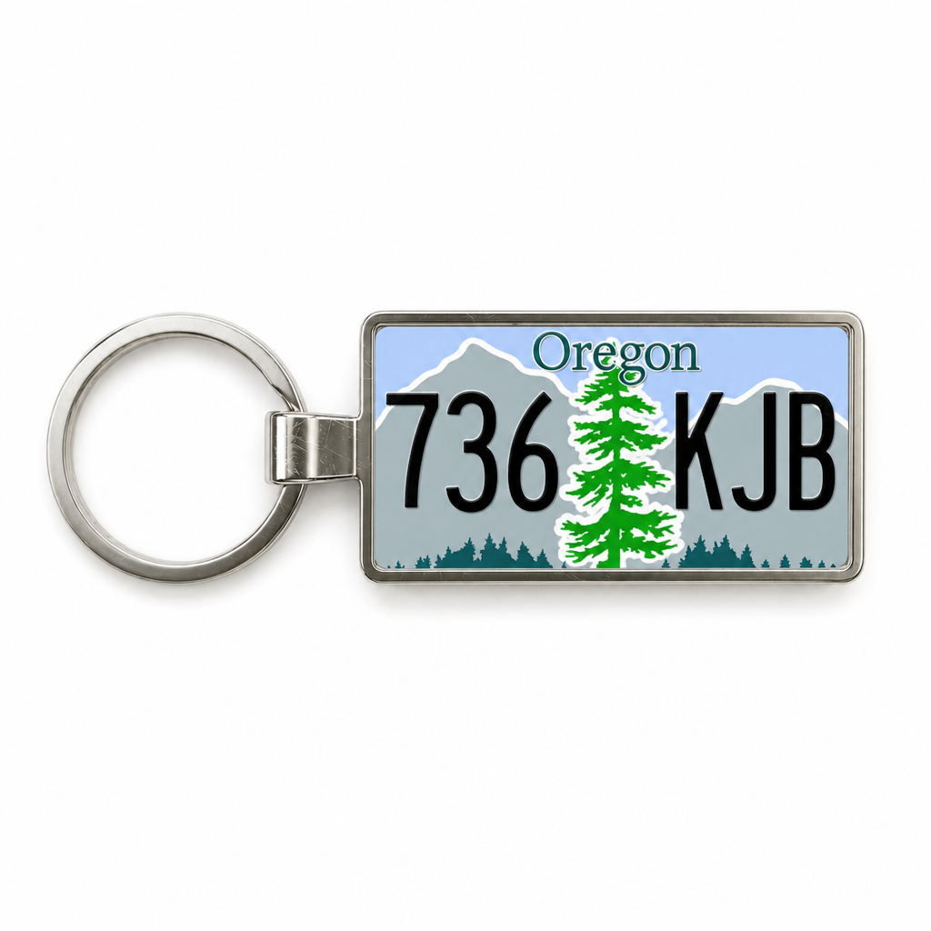 Oregon 736 KJB license plate keychain white_bg