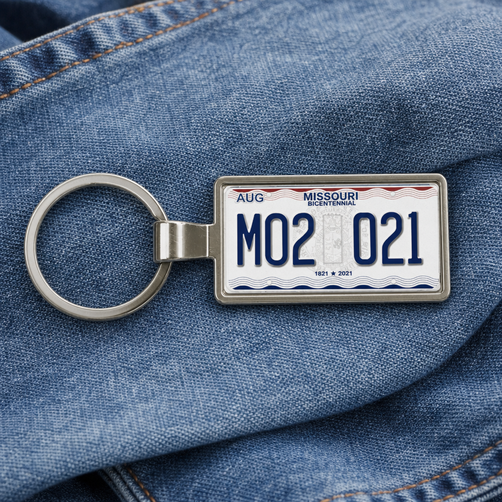 Missouri M02 021 license plate keychain on_denim
