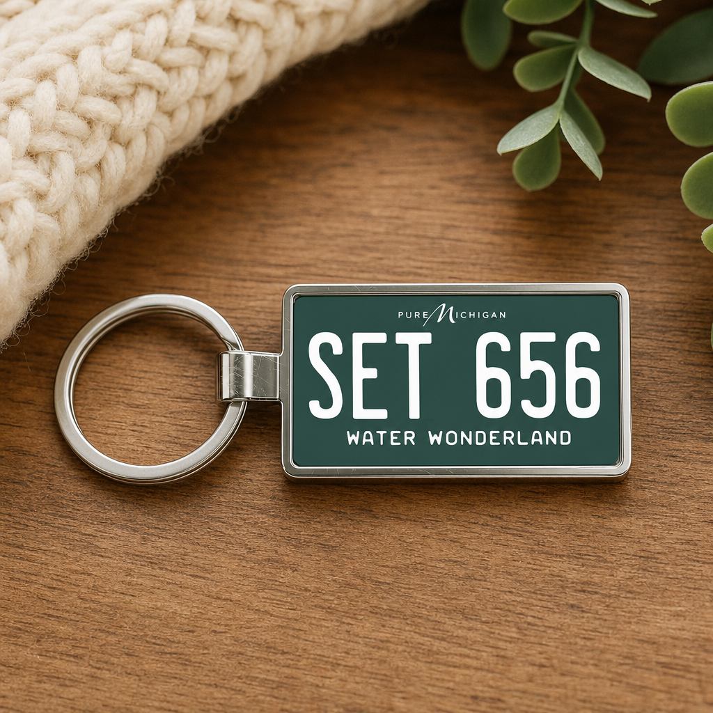 Michigan SET 656 license plate keychain on_wood