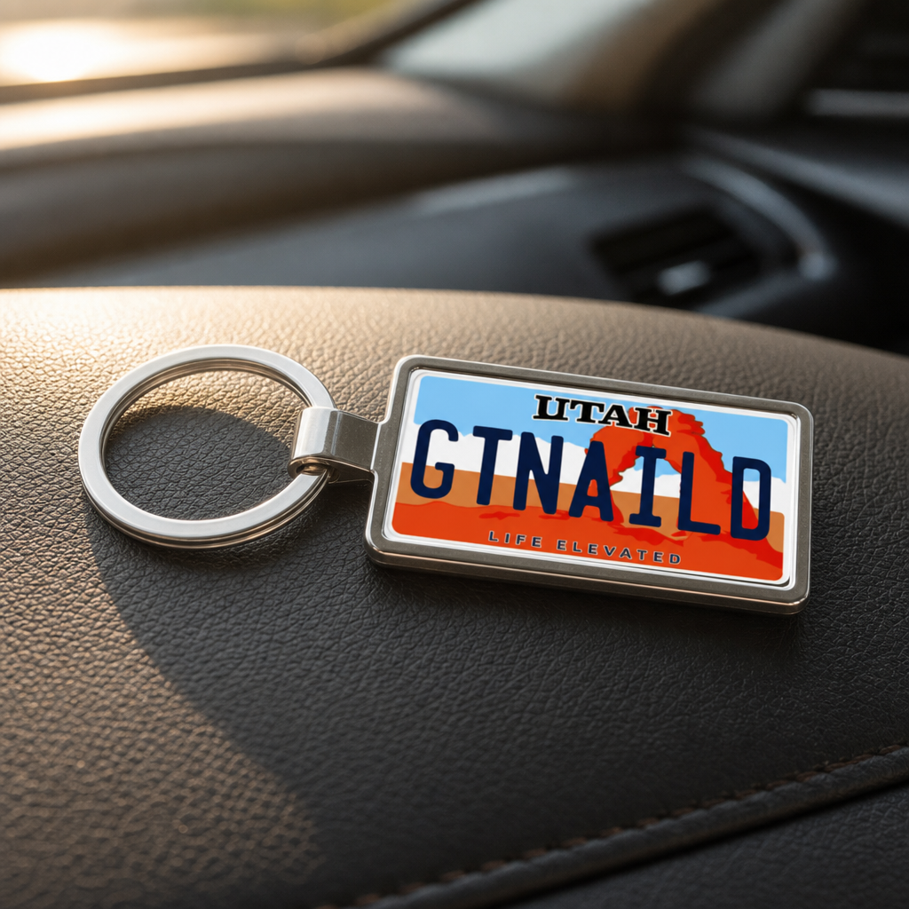 Utah license plate keychain on dashboard