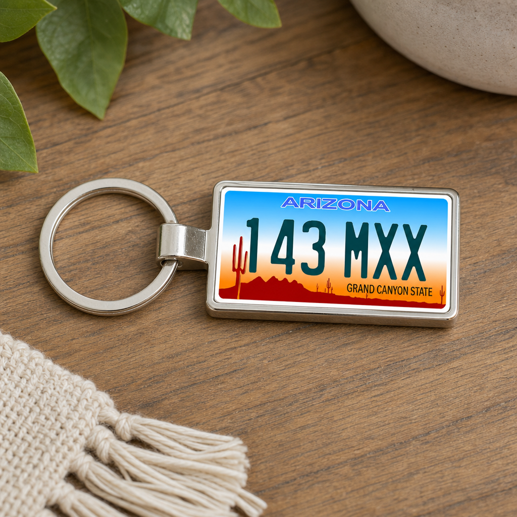 Arizona 143 MXX license plate keychain on_wood